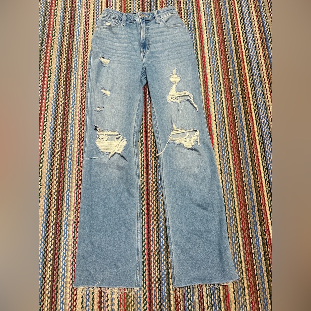 Hollister Light Blue Distressed Ultra High Rise Dad Straight Leg Jeans - 00/24R